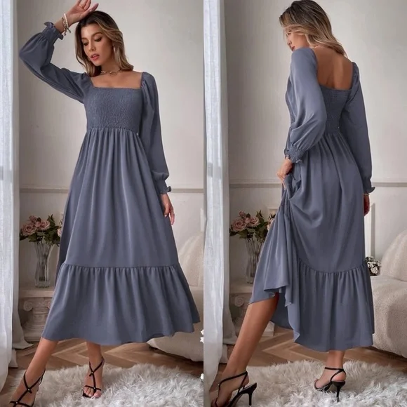 Shirred bust square neck long sleeve ruffle maxi dress boho gypsy rust brown - Picture 4 of 10